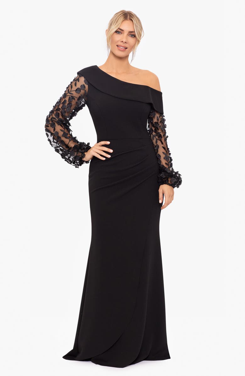 Xscape Evenings Floral Appliqué Long Sleeve Gown, Alternate, color,