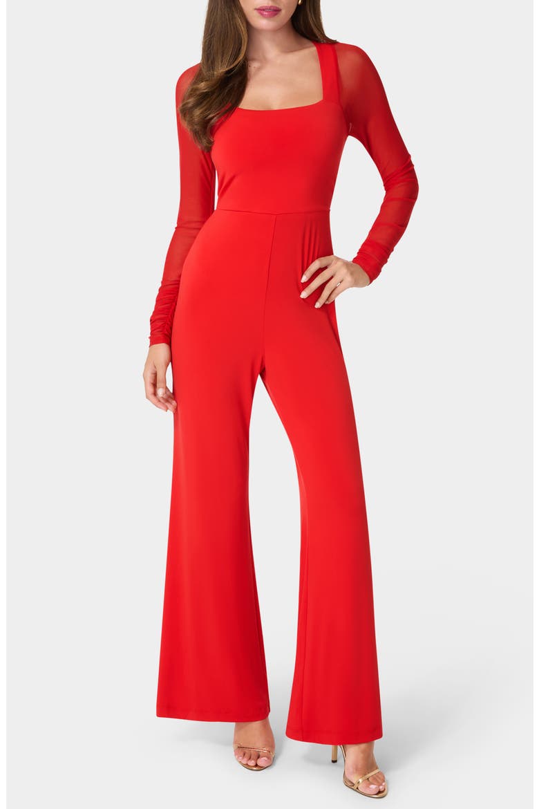 Mesh Long Sleeve Jumpsuit, Main, color, RED