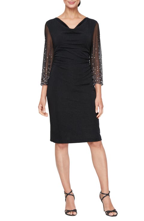 Cowl Neck Rhinestone Sleeve Sheath Cocktail Dress