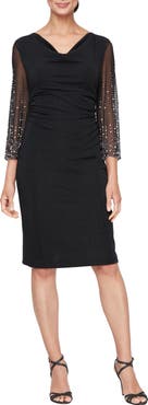 Alex Evenings Cowl Neck Rhinestone Sleeve Sheath Cocktail Dress