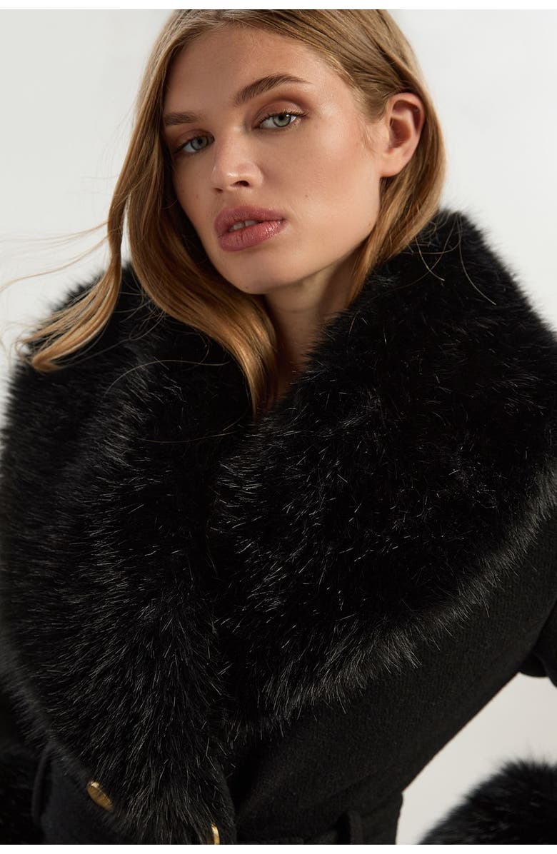 Karen Millen Wool Detachable Fur Belted Midi Coat, Alternate, color, Black