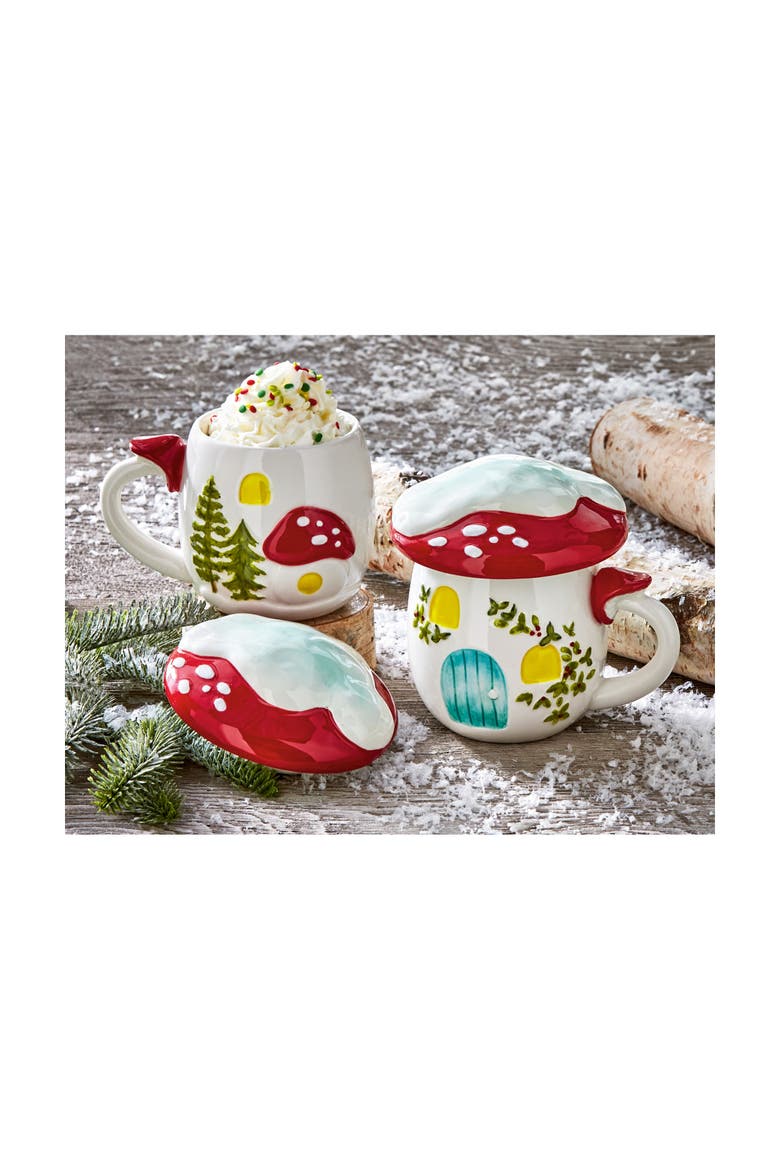 Mushroom Lidded Mug Multicolor Ceramic Spring Design, Alternate, color, White