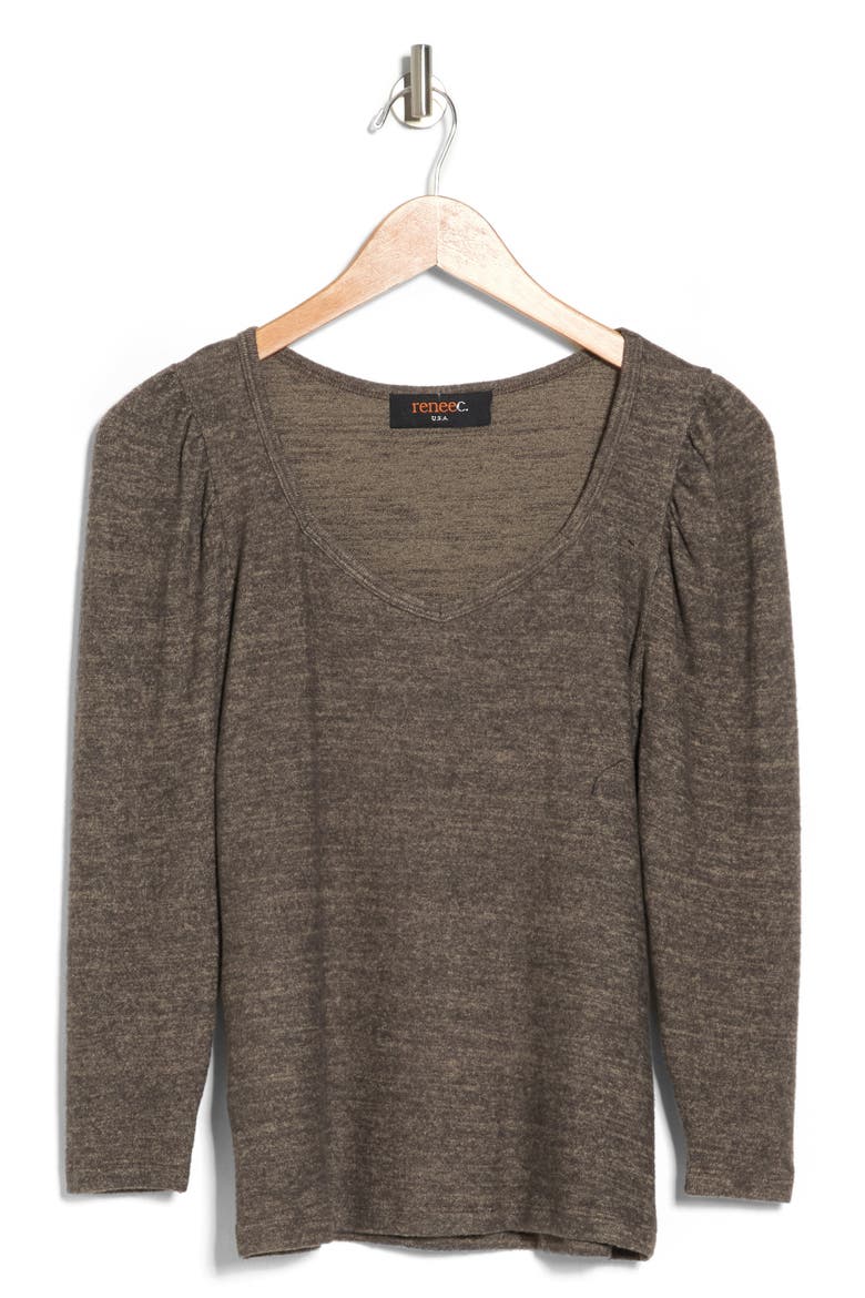 V-Neck Puff Shoulder Top, Alternate, color, MOCHA