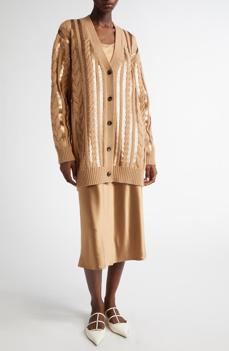Max Mara Sequin Cable Stitch Wool & Cashmere Cardigan, Main, color, Camel