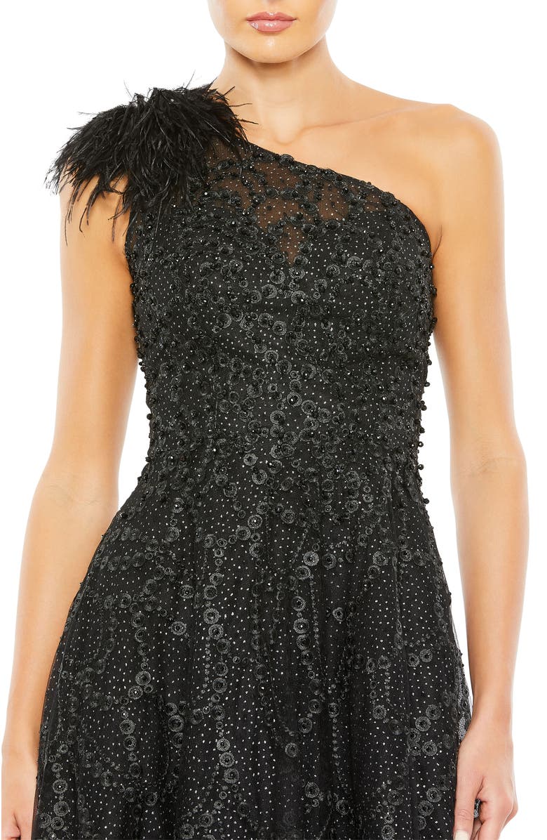 Mac Duggal Women's Embellished One-Shoulder A-Line Gown with Feather Accent, Alternate, color, Black