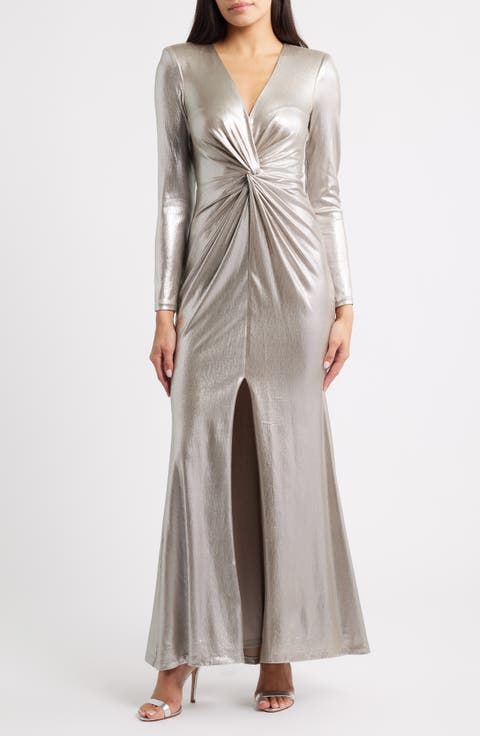 Metallic Twist Waist Long Sleeve Gown