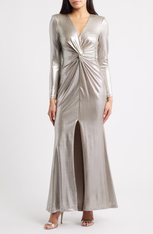 Eliza J Metallic Twist Waist Long Sleeve Gown In Brown