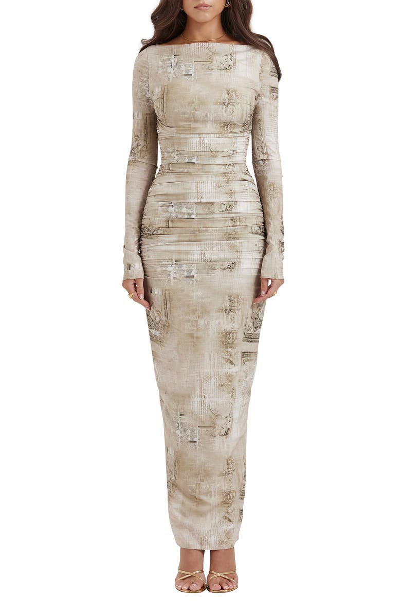 Lanetta Ruched Bateau Neck Long Sleeve Georgette Dress, Main, color, SAND PRINT