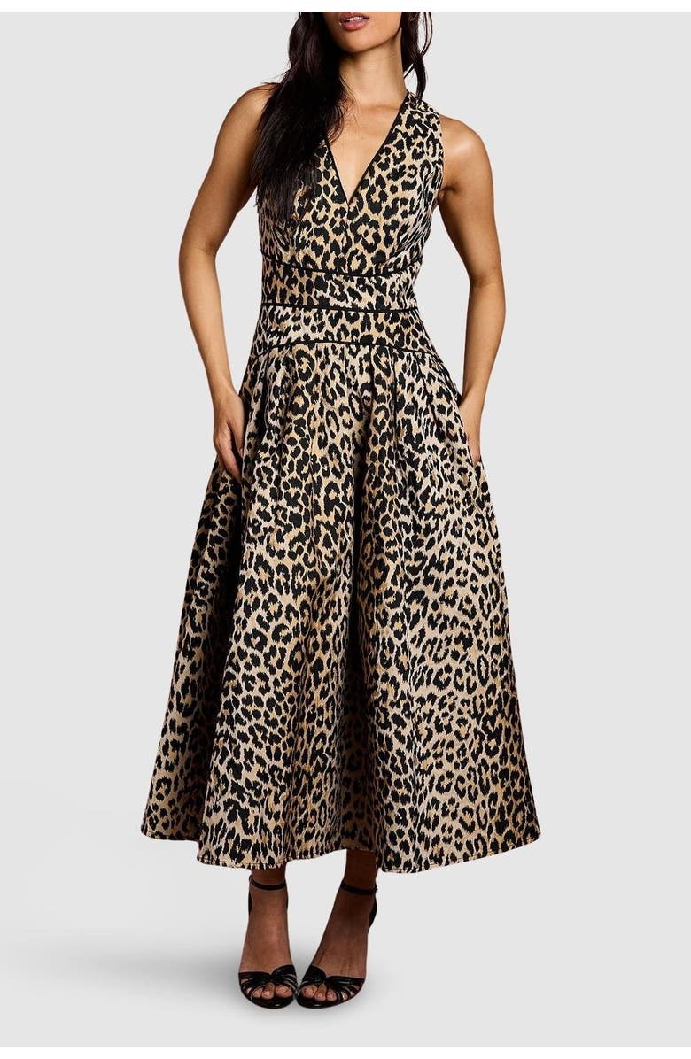 Coast V-Neck Animal Jacquard Midi Dress, Alternate, color, Animal