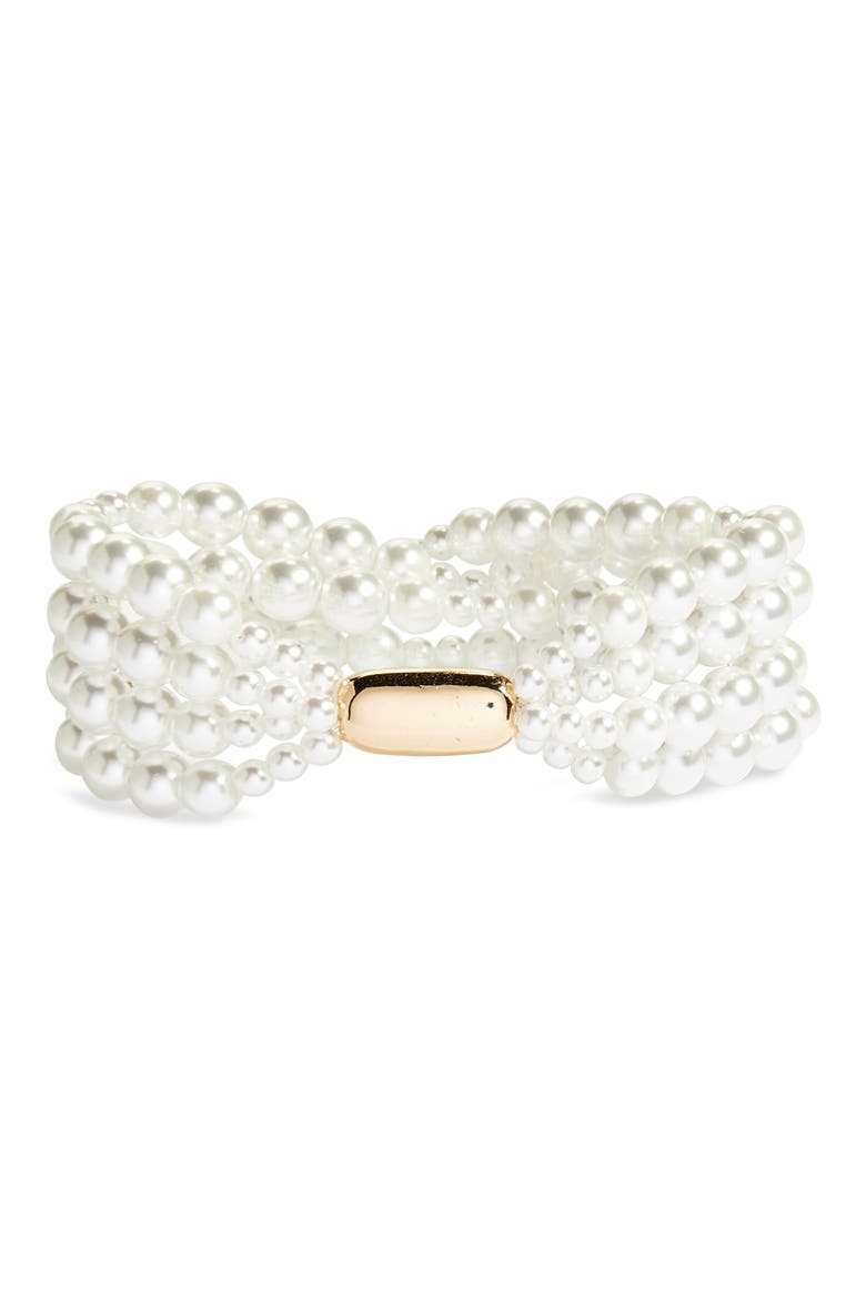 Faux Pearl Stretch Bracelet, Main, color, WHITE- GOLD