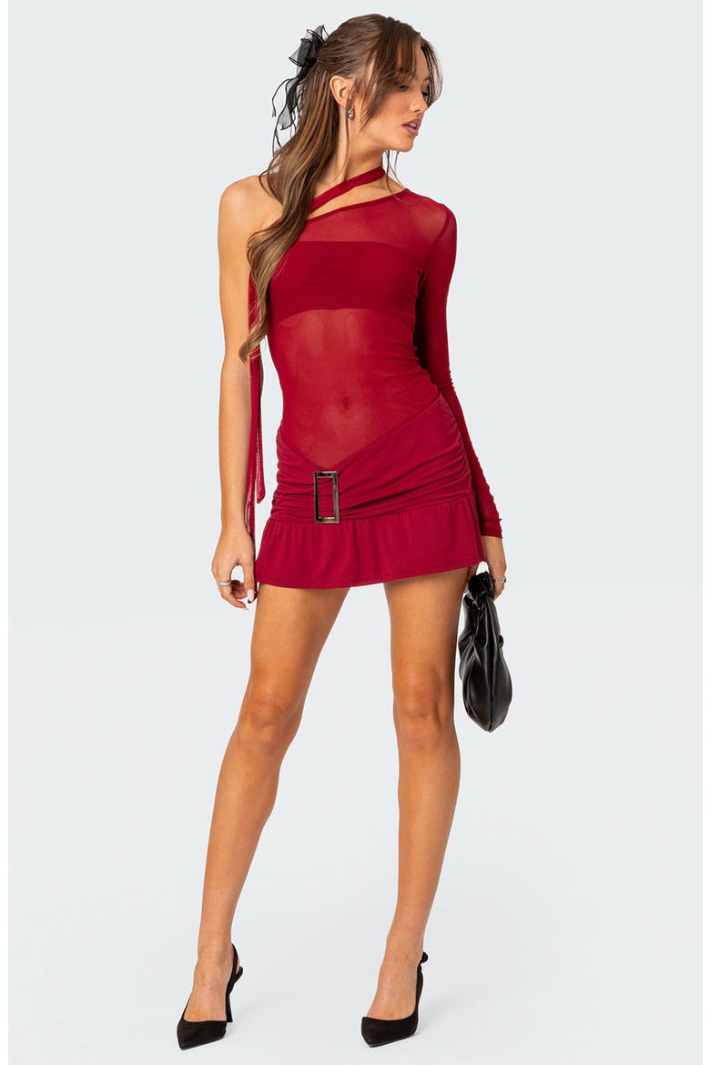 One-Shoulder Sheer Mesh Minidress, Alternate, color, RED