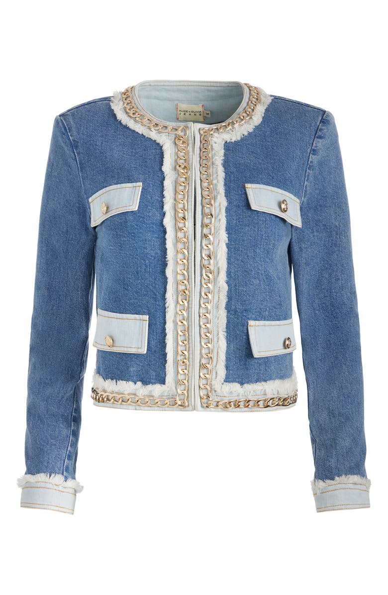 Alice + Olivia Landon Crop Denim Jacket with Curb Chain Trim, Alternate, color,
