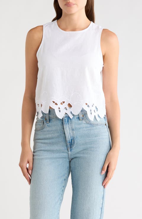 Embroidered Hem Crop Linen Blend Tank