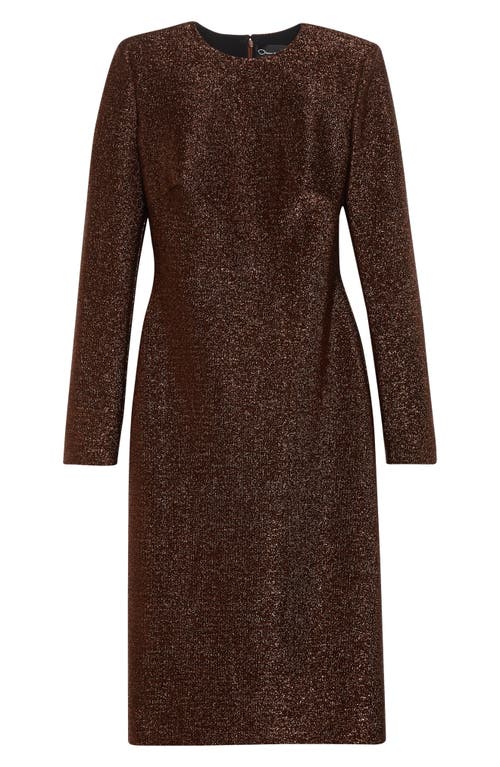 Oscar De La Renta Long Sleeve Metallic Knit Cocktail Dress In Brown