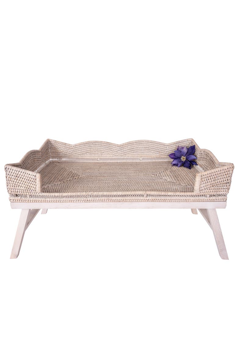 Scalloped Rattan Breakfast Tray with Wooden Legs, Alternate, color, White Wash