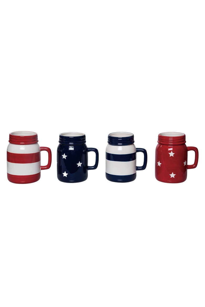 Ceramic Mason Jar Mug Stars and Stripes Set of 4 Multicolored for Patriotic Serving and Entertaining, Main, color, Red