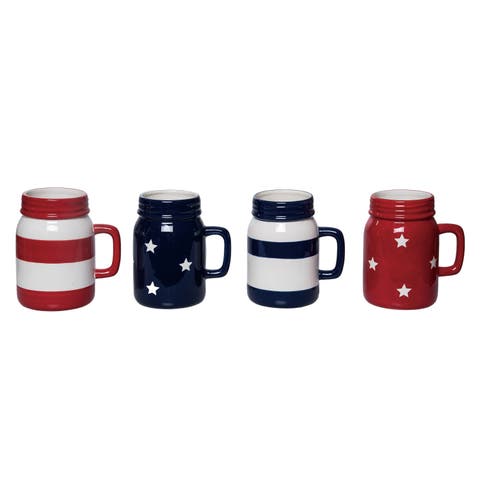 Ceramic Mason Jar Mug Stars and Stripes Set of 4 Multicolored for Patriotic Serving and Entertaining