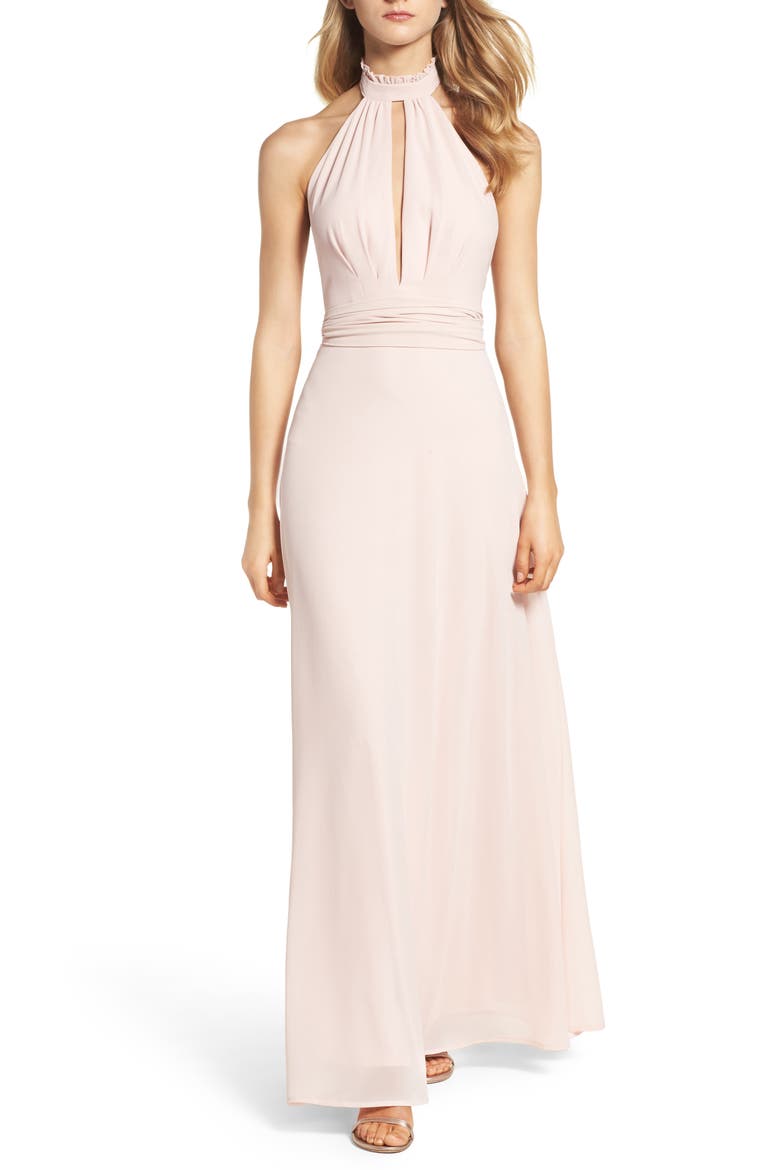 Ruffle Neck Halter Gown, Main, color, BLUSH