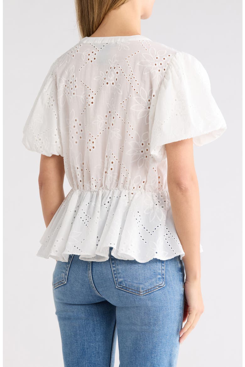 Eyelet Balloon Sleeve Faux Wrap Top, Alternate, color, WHITE