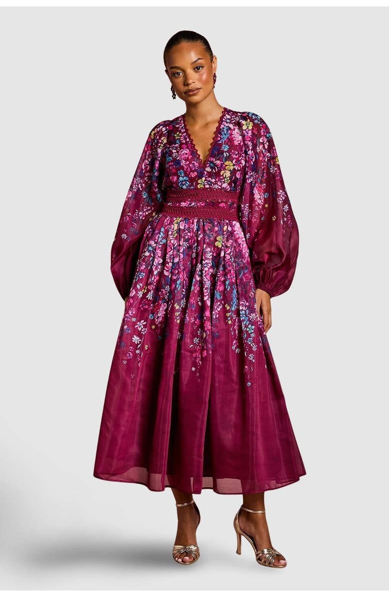 Coast Petite Organza Lace Trim Midaxi Dress, Main, color, Plum