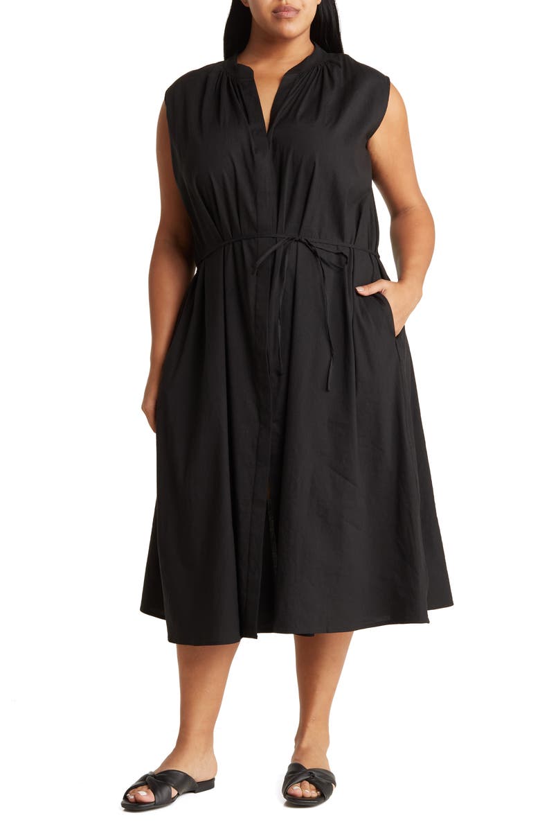 Vince Sleeveless Linen Blend Midi Dress, Main, color, Black
