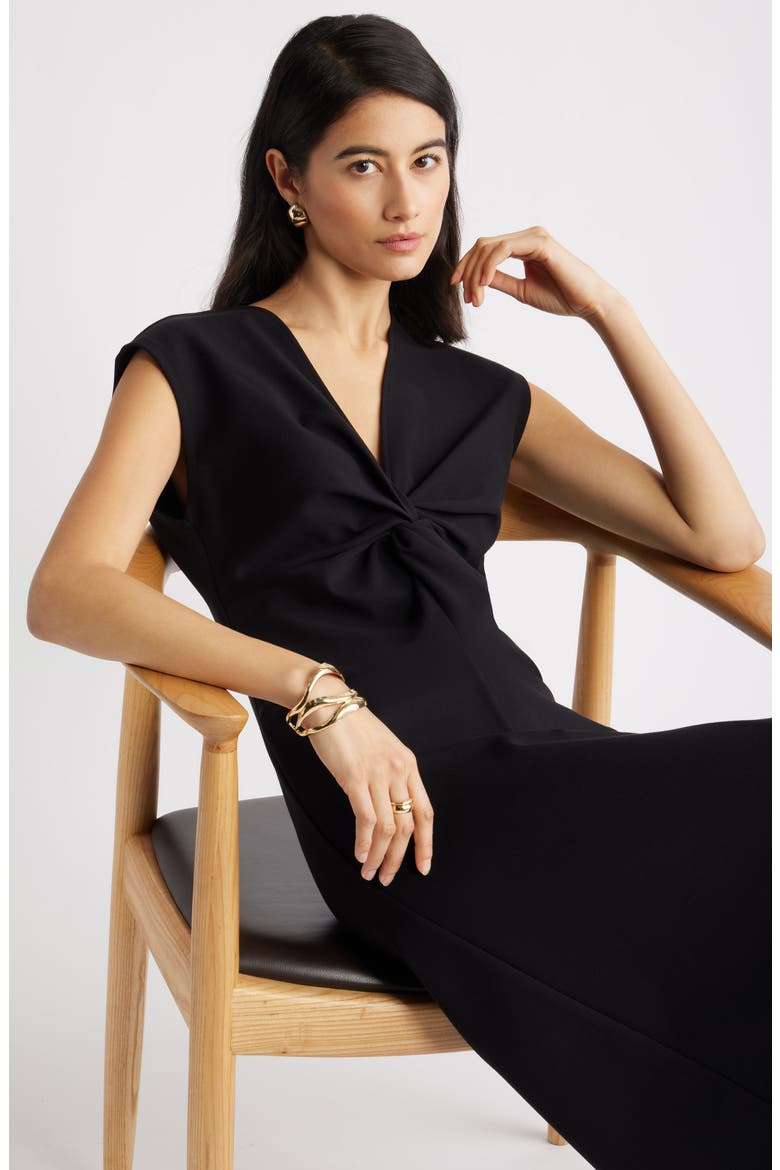 Twist Front Cap Sleeve Midi Dress, Alternate, color, BLACK