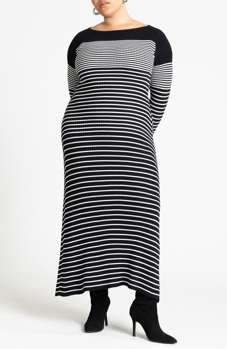 ELOQUII Stripe Long Sleeve Sweater Dress, Main, color, White On Black Stripe