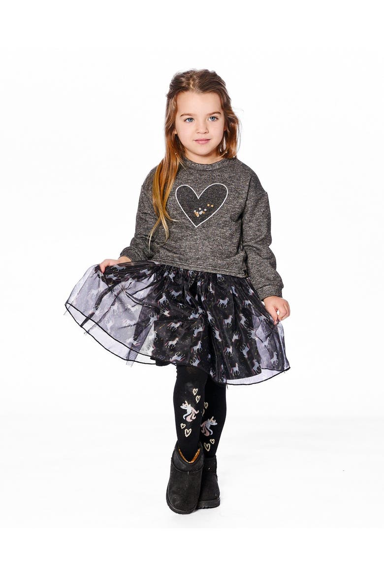 Bi-Material Dress with Mesh Skirt and Heart, Alternate, color, Black