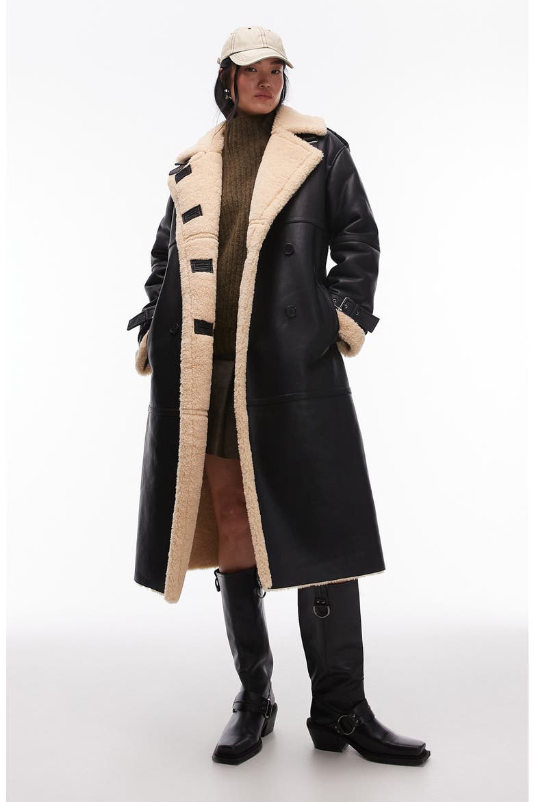 Oversize High Pile Fleece Lined Faux Leather Aviator Coat, Main, color, BLACK