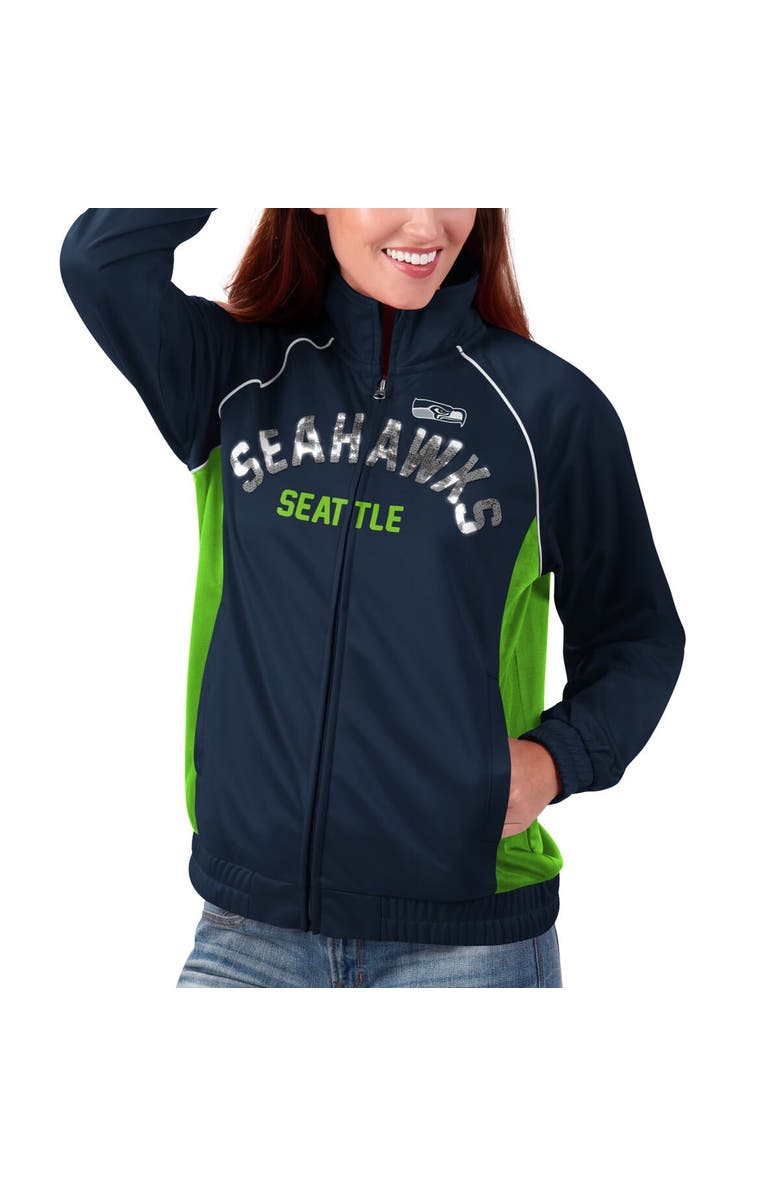 G-III 4HER BY CARL BANKS Women's G-III 4Her by Carl Banks College Navy/Neon Green Seattle Seahawks Backfield Raglan Full-Zip Track Jacket, Alternate, color, 
