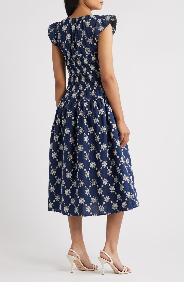 Mila Mae Embroidered Flutter Sleeve Cotton Sundress, Alternate, color, Navy White