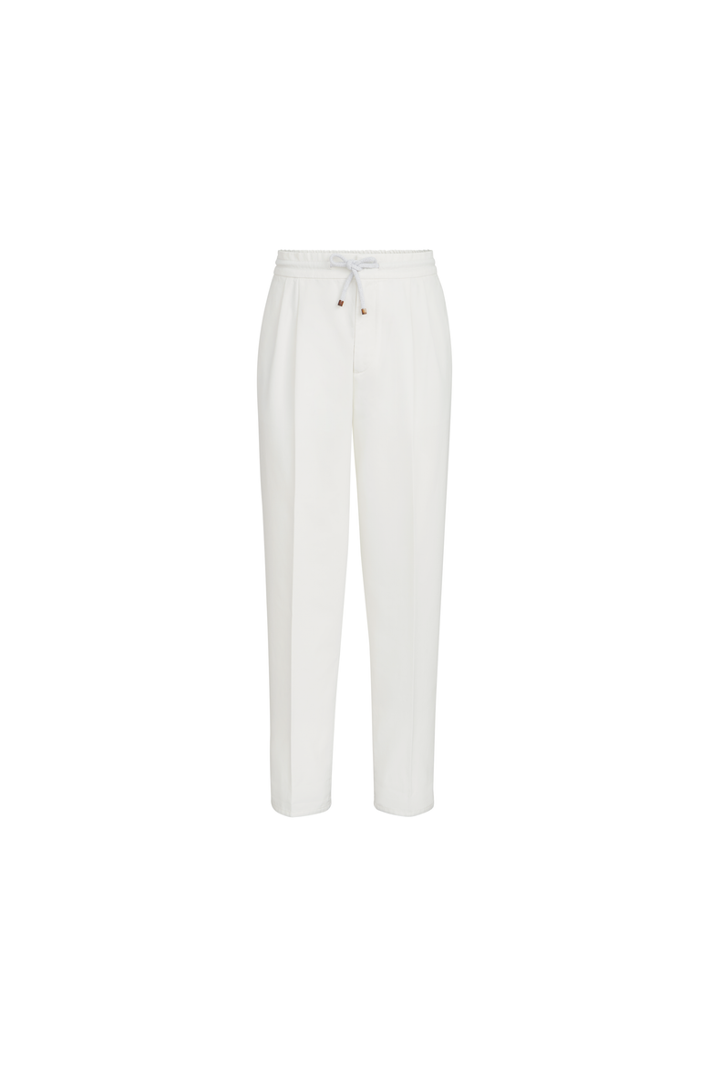 Garment-dyed twisted cotton gabardine trousers with drawstring and double pleats, Alternate, color, Snow