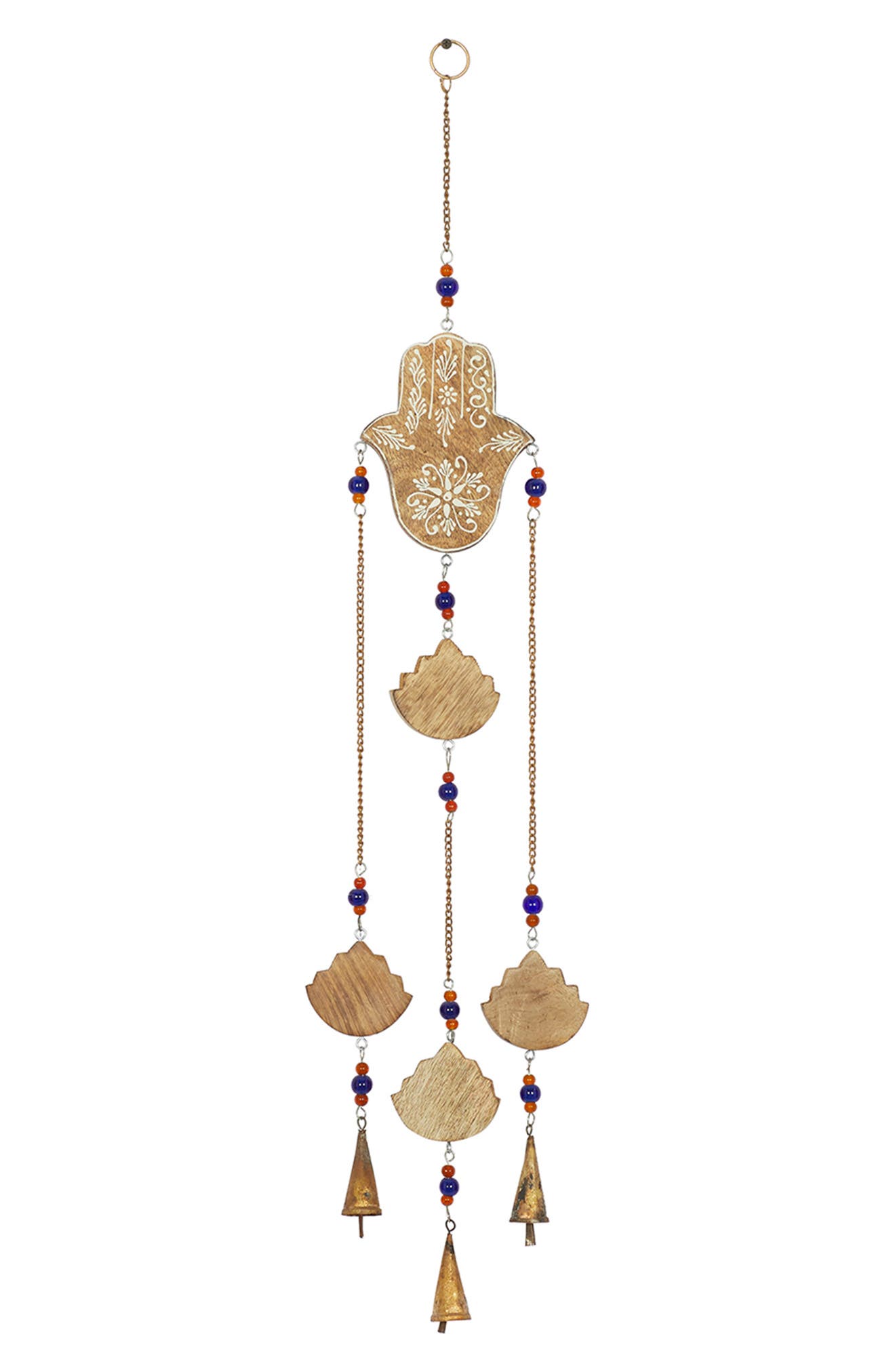 GINGER BIRCH STUDIO Brown Mango Wood Handmade Hamsa Buddha Windchime with Glass Beads & Cone Bells