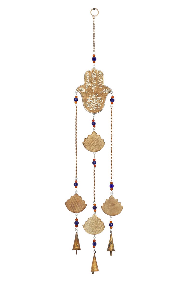 Brown Mango Wood Handmade Hamsa Buddha Windchime with Glass Beads & Cone Bells, Main, color, BROWN