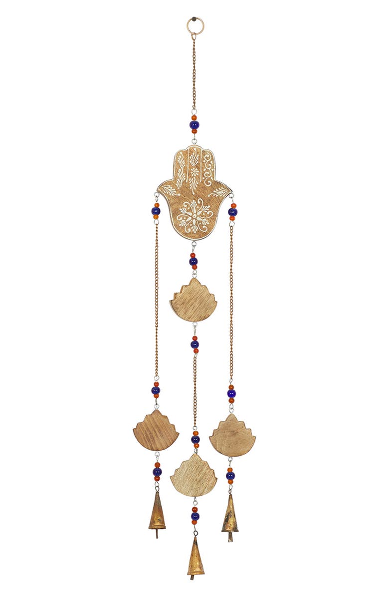 GINGER BIRCH STUDIO Brown Mango Wood Handmade Hamsa Buddha Windchime with Glass Beads & Cone Bells, Main, color, Brown