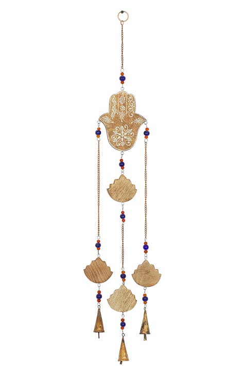 Brown Mango Wood Handmade Hamsa Buddha Windchime with Glass Beads & Cone Bells