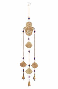 GINGER BIRCH STUDIO Brown Mango Wood Handmade Hamsa Buddha Windchime with Glass Beads & Cone Bells