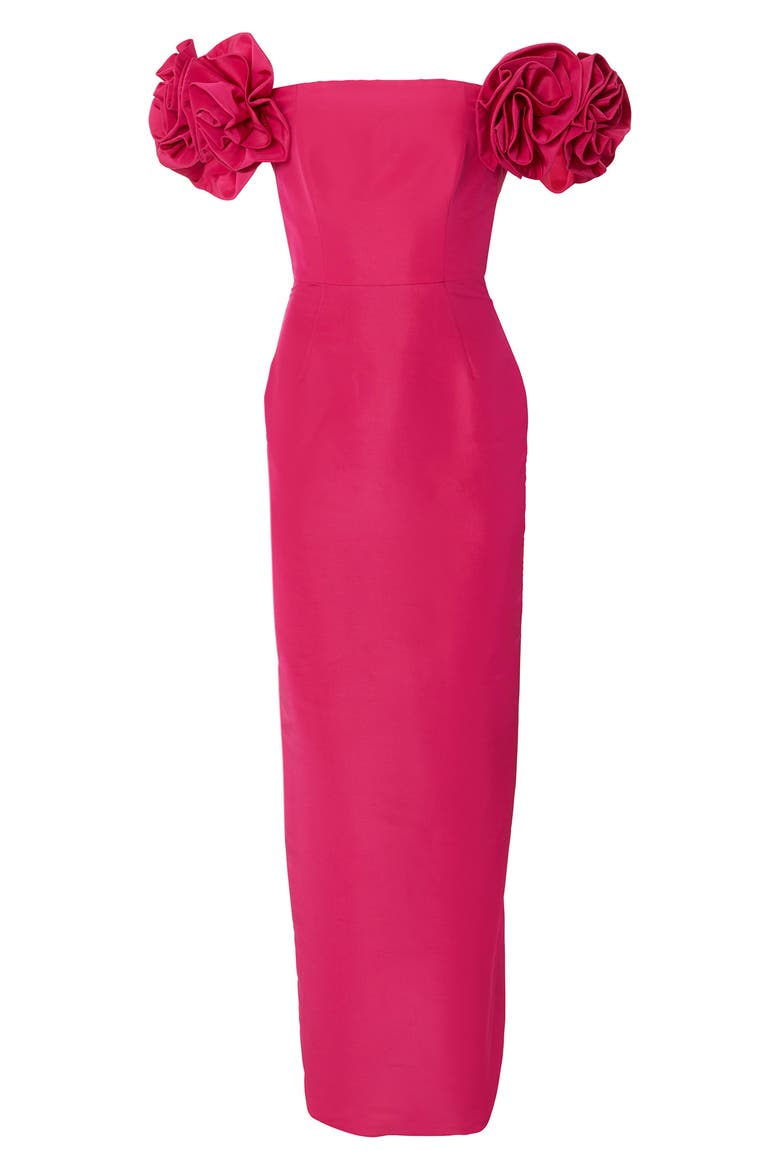 Off the Shoulder Flower Sleeve Column Gown, Alternate, color, BEGONIA