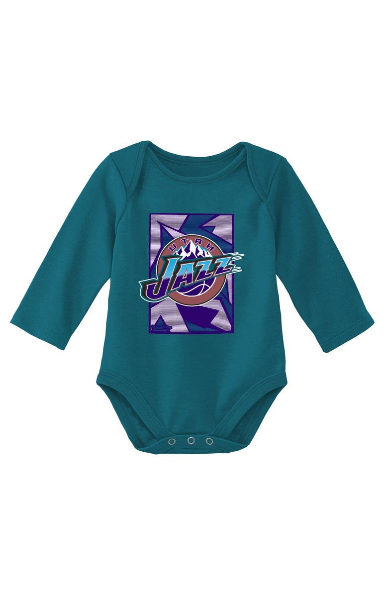 Mitchell & Ness Infant Mitchell & Ness Purple/Teal Utah Jazz Hardwood Classics Bodysuits & Cuffed Knit Hat Set, Alternate, color, Purple