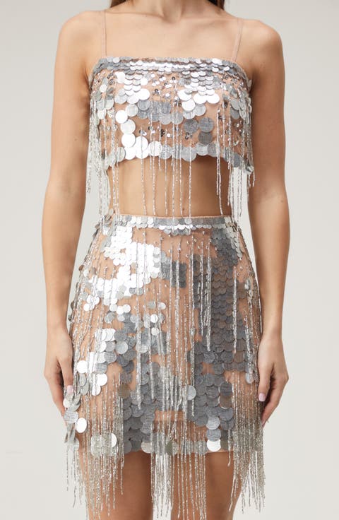 Paillette Beaded Fringe Crop Top