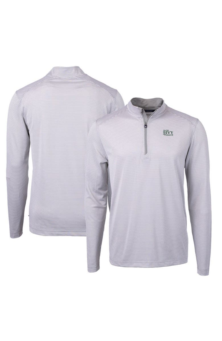 Cutter & Buck Men's Cutter & Buck Gray/White Ivy League DryTec Tri-Blend Virtue Eco Pique Micro Stripe Recycled Quarter-Zip Pullover, Main, color,