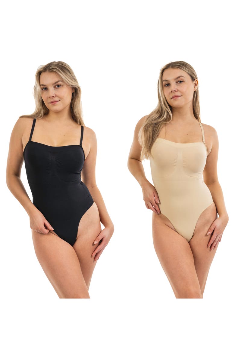2-Pack Thong Shaper Bodysuit, Alternate, color, BLACK/ BEIGE