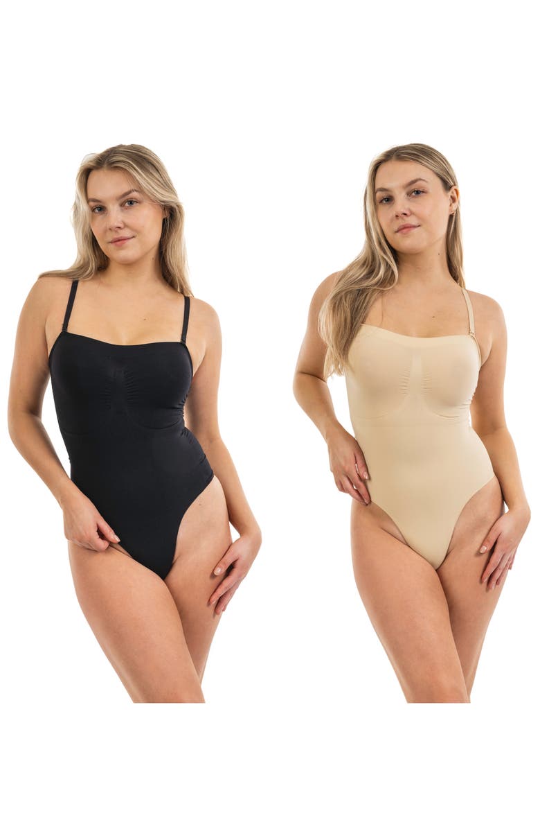 BODY BEAUTIFUL 2-Pack Thong Shaper Bodysuit, Alternate, color, Black/ Beige