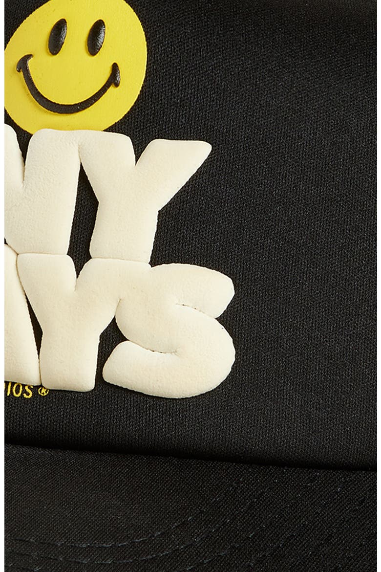 Smiley Anyways Trucker Hat, Alternate, color, PIRATE-BLACK