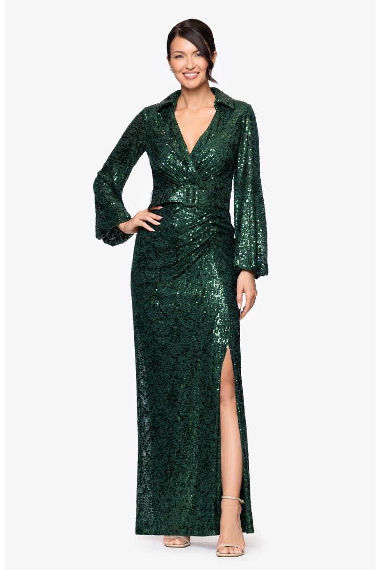 Sequin Collar Long Sleeve Gown, Alternate, color, PINE