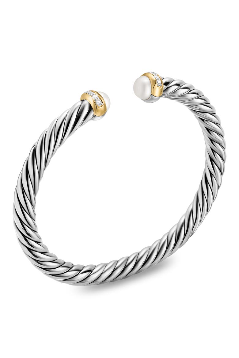 Cable Flex Bracelet in Sterling Silver with 14K Yellow Gold, Pearls & Diamonds, 6mm, Alternate, color, SILVER PAVE