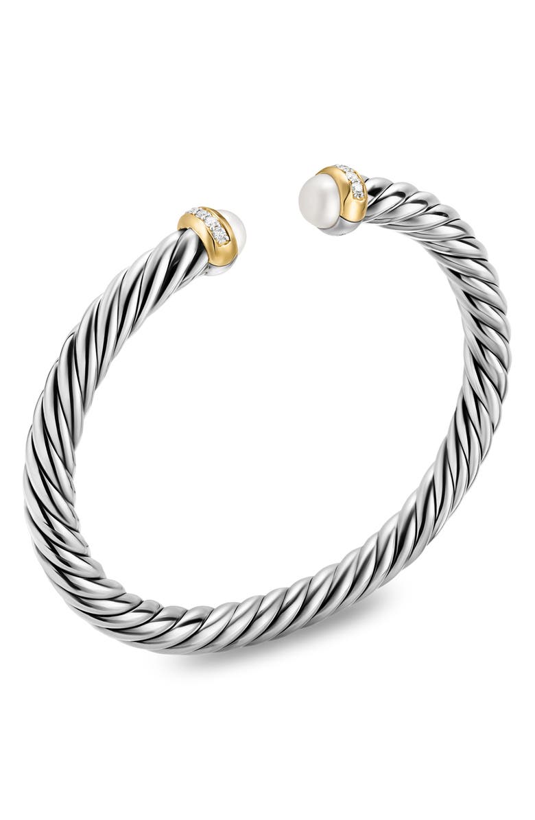 David Yurman Cable Flex Bracelet in Sterling Silver with 14K Yellow Gold, Pearls & Diamonds, 6mm, Alternate, color, Silver Pave