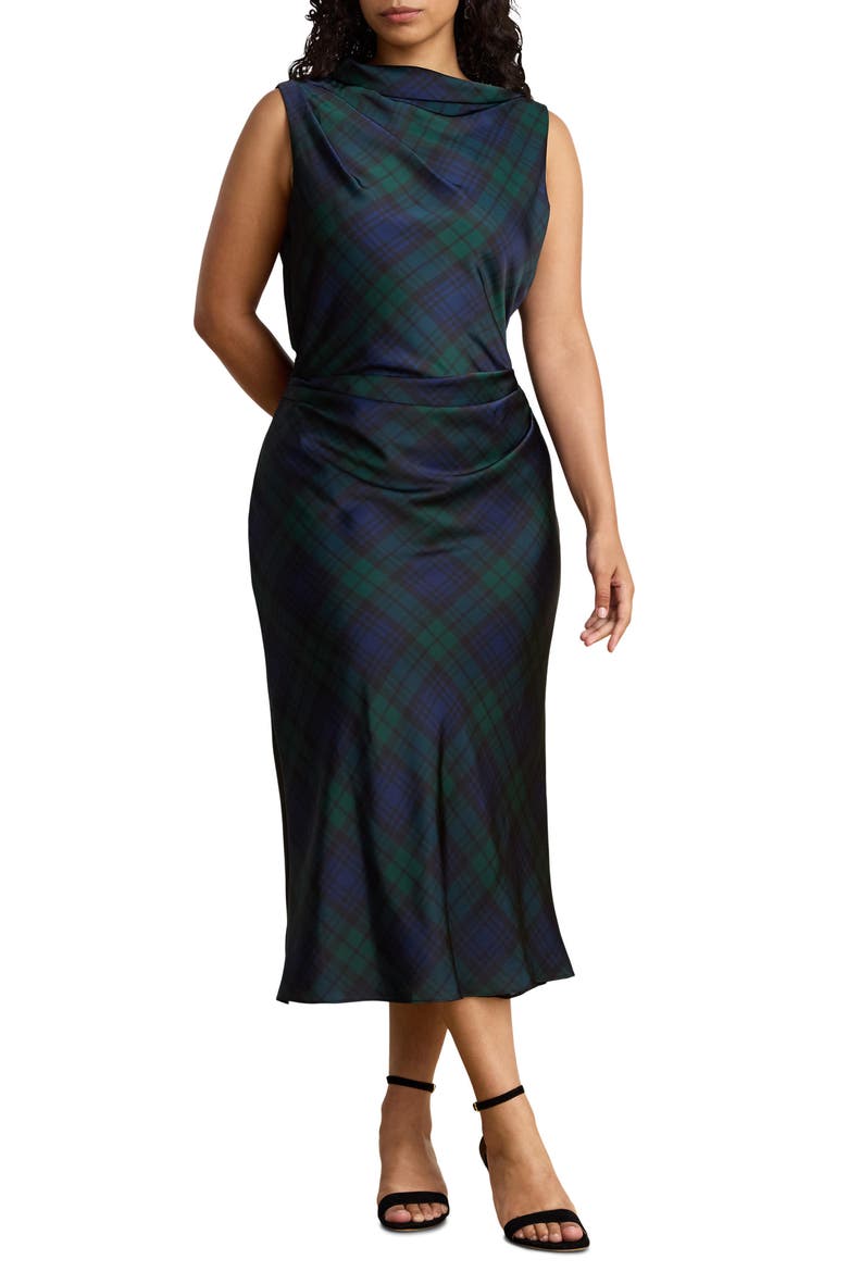 Plaid Satin Charmeuse Sheath Dress, Alternate, color, NAVY BLUE