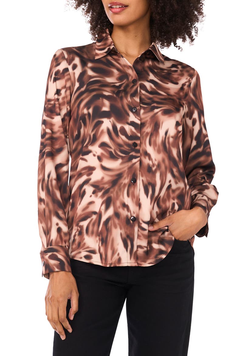 Satin Long Sleeve Button-Up Shirt, Main, color, TOFFEE