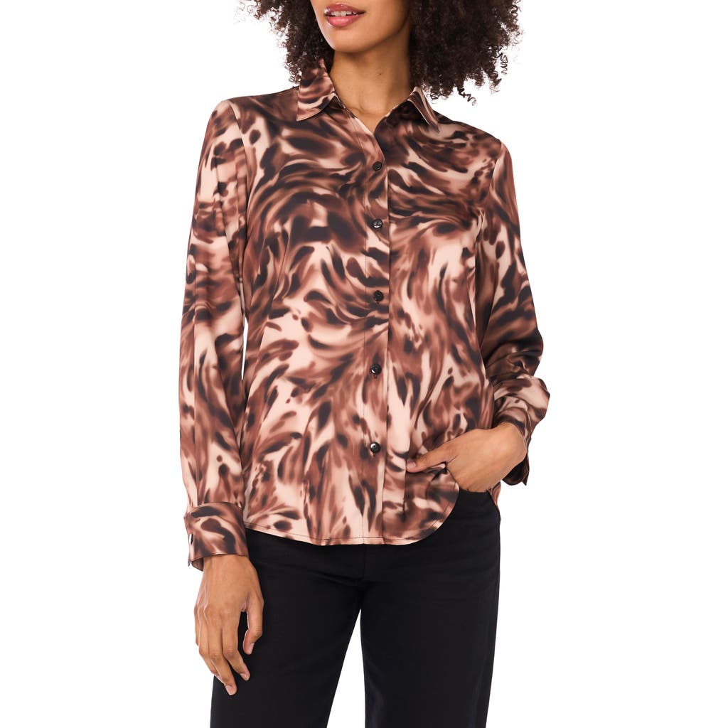 Vince Camuto Satin Long Sleeve Button-up Shirt In Brown